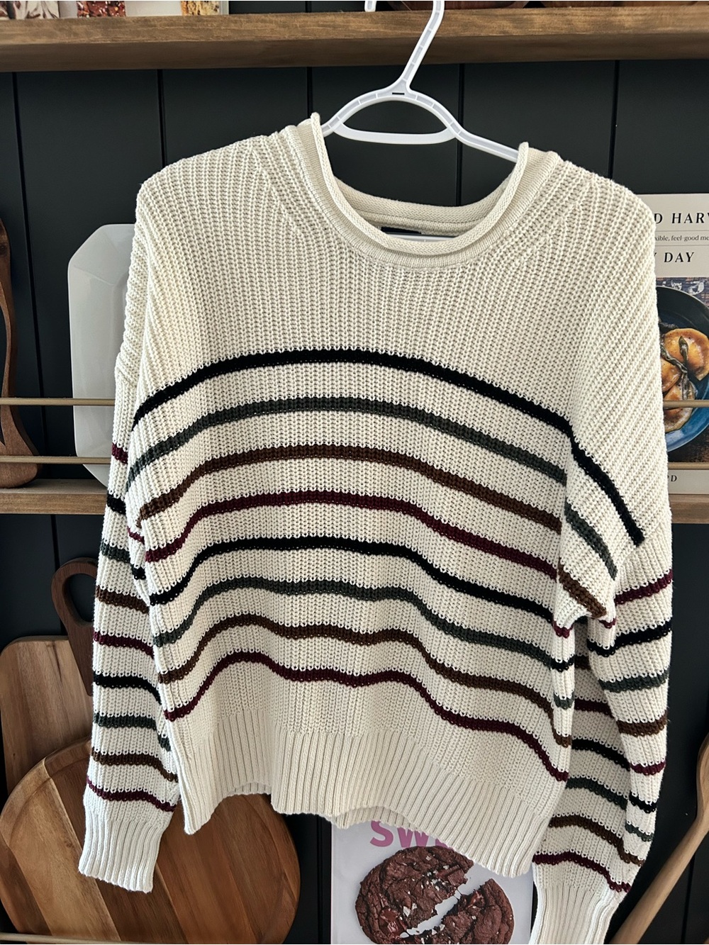GAP Cream Crewneck Sweater with Black, Brown Green and Burgundy Stripes